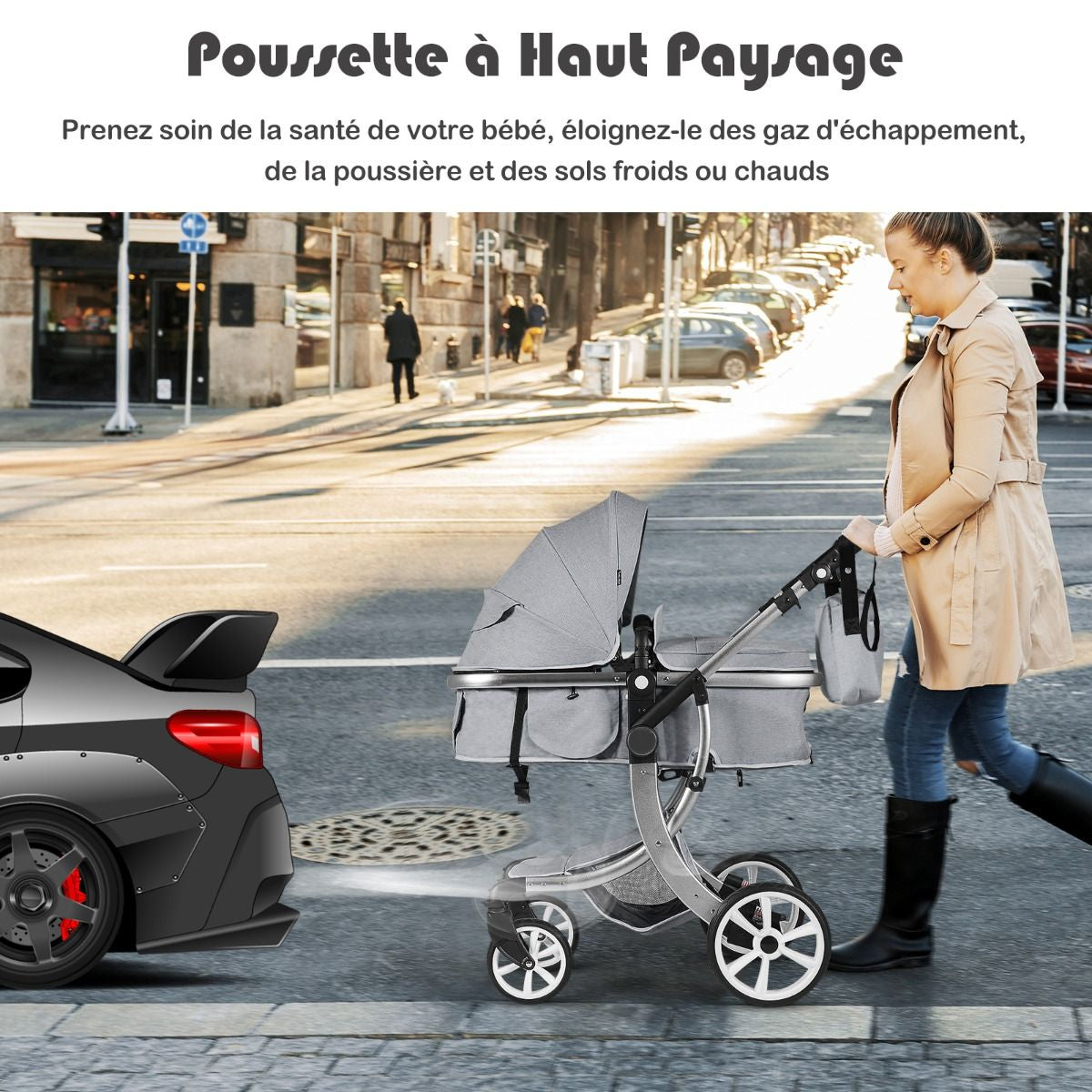 Poussette Haute Pour Bébé 2 En 1 Inclinable Réversible Auvent Réglable Couvre-Pieds Housse De Pluie Filet Fonctionnel Cadre En Alliage D&