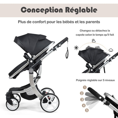 Poussette Haute Pour Bébé 2 En 1 Inclinable Réversible Auvent Réglable Couvre-Pieds Housse De Pluie Filet Fonctionnel Cadre En Alliage D&