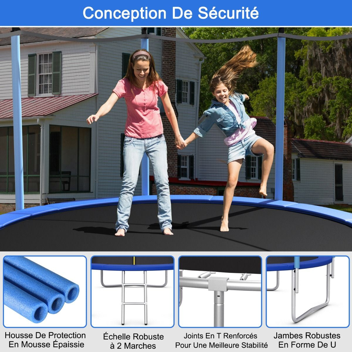 Trampoline Extérieur Ø366Cm Echelle Filet De Sécurité Tapis De Saut Tuyau Galvanisé Antirouille Pour Enfants Charge 150 Kg