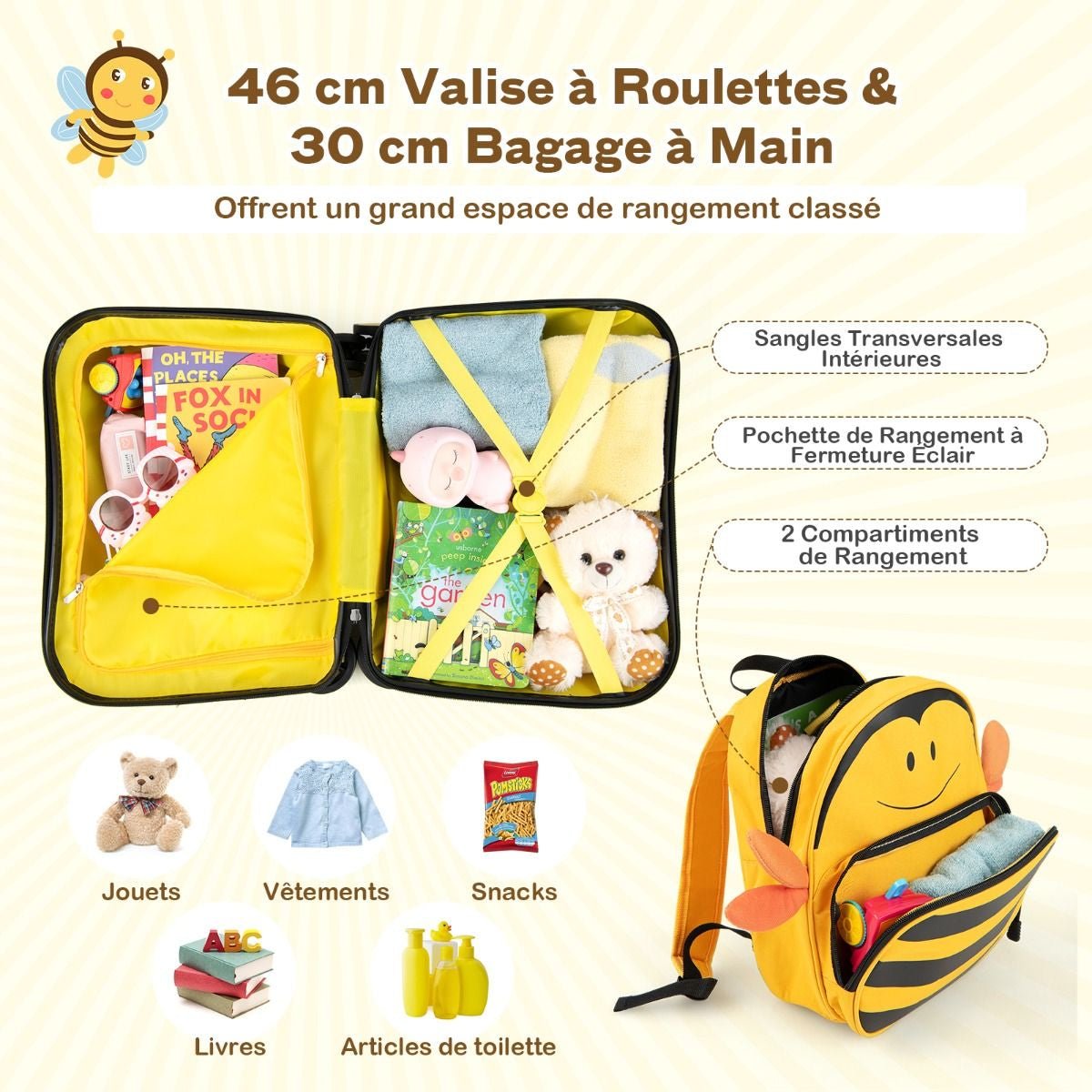 18”Valise À Roulettes Enfants Avec 12”Sac À Dos Bagages À Main Pour Voyage Avec Poignée Rétractable Modèle D&