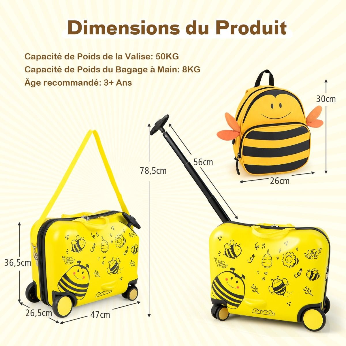 18”Valise À Roulettes Enfants Avec 12”Sac À Dos Bagages À Main Pour Voyage Avec Poignée Rétractable Modèle D&