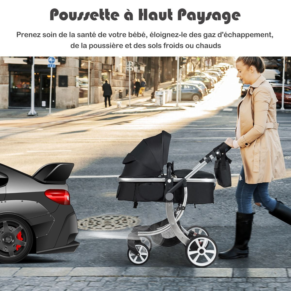 Poussette Haute Pour Bébé 2 En 1 Inclinable Réversible Auvent Réglable Couvre-Pieds Housse De Pluie Filet Fonctionnel Cadre En Alliage D&