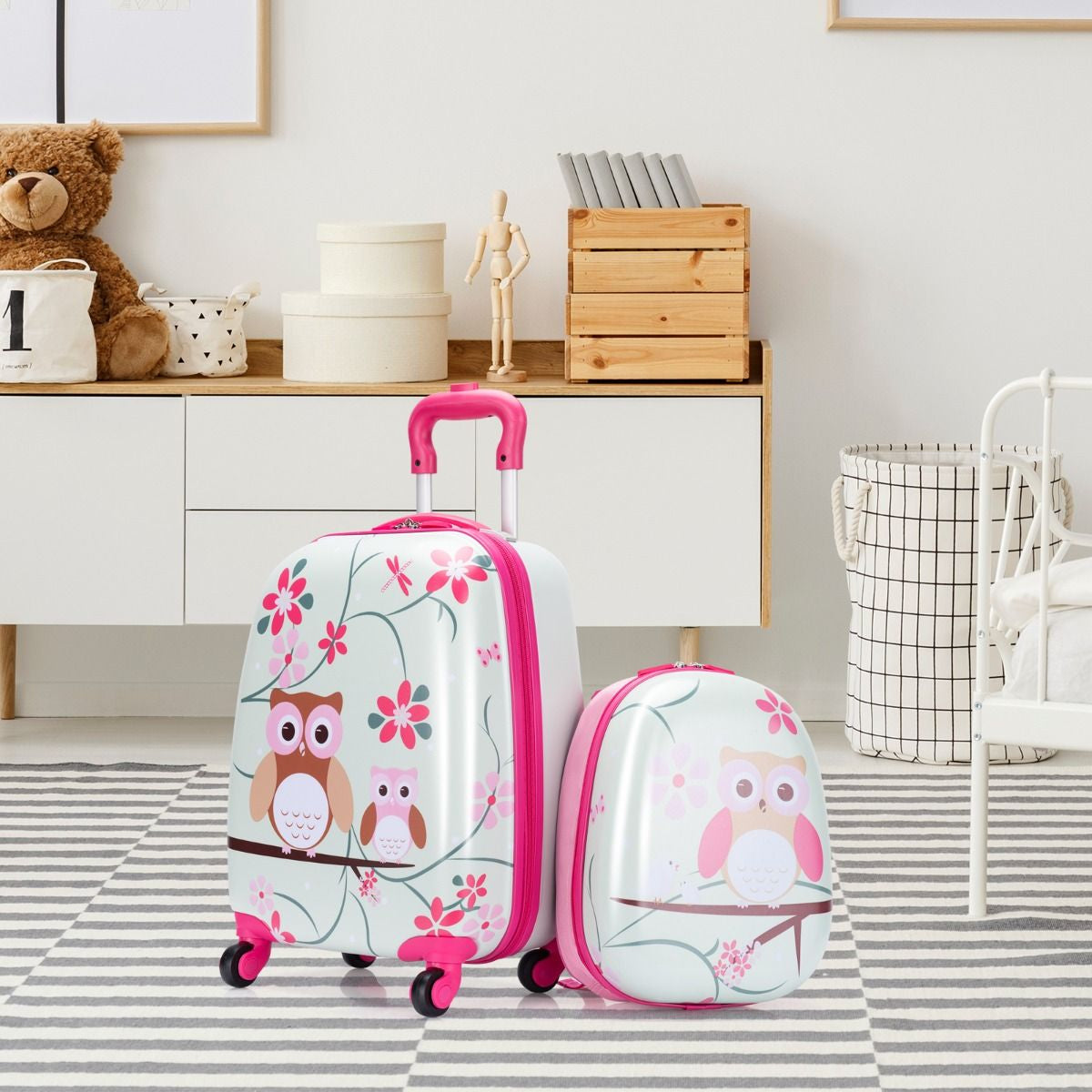 Valise Enfant+ Sac À Dos Bagage Trolley À Roulettes Pour Enfant Motif Hibou En ABS Robuste