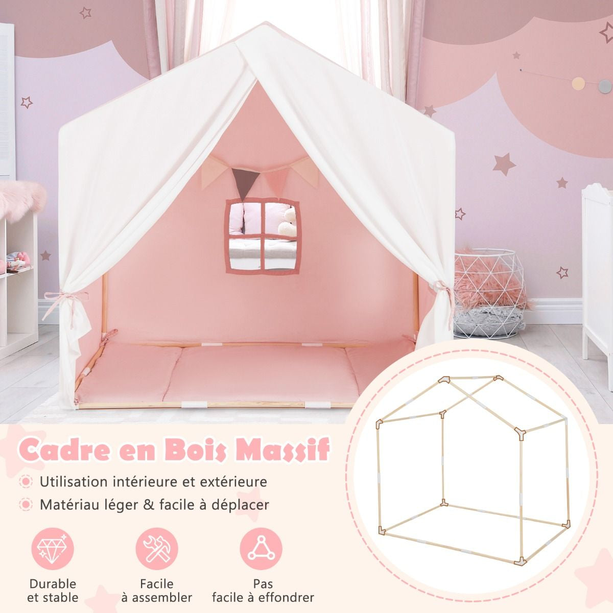 Tente De Jeu Pour 3 - 4 Enfants 131 X 91 X 131 CM Tapis Souple En Coton Intérieur/Extérieur 3 Ans+ Rose