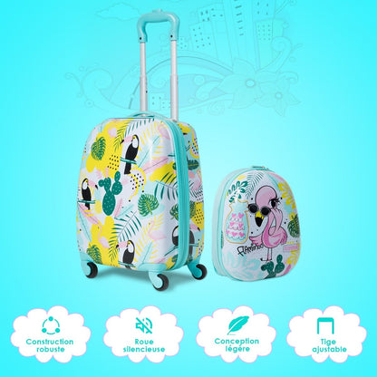 Valise 16’’ Et Sac À Dos 12’’ Pour Enfants Lot De 2 Bagages À Main Avec Roulettes En PC Et ABS Avec Motif Flamingo