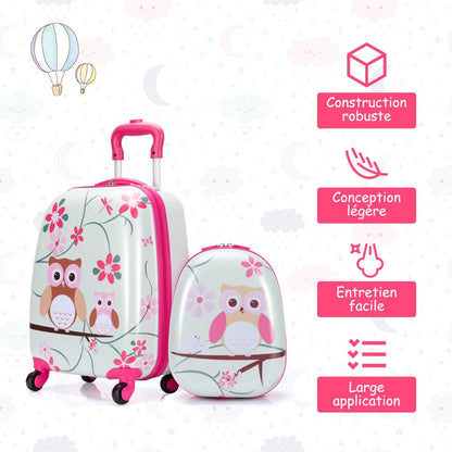 Valise Enfant+ Sac À Dos Bagage Trolley À Roulettes Pour Enfant Motif Hibou En ABS Robuste