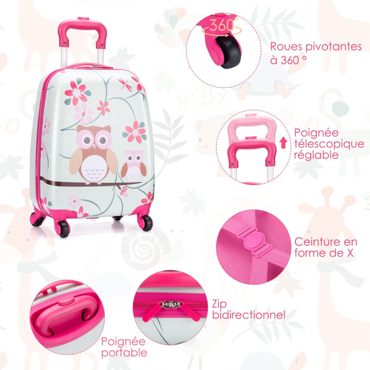 Valise Enfant+ Sac À Dos Bagage Trolley À Roulettes Pour Enfant Motif Hibou En ABS Robuste