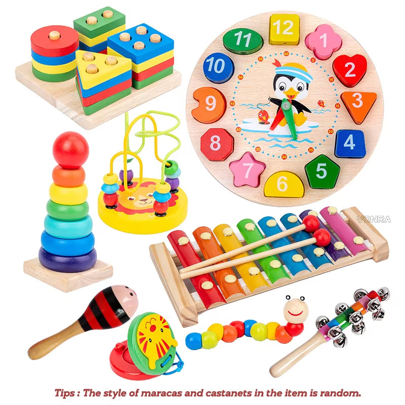 9 in 1 Wooden Montessori Toys Rattle Bell Drum Column Set Musical Instruments Sensory Early Baby Toy Toddler Education