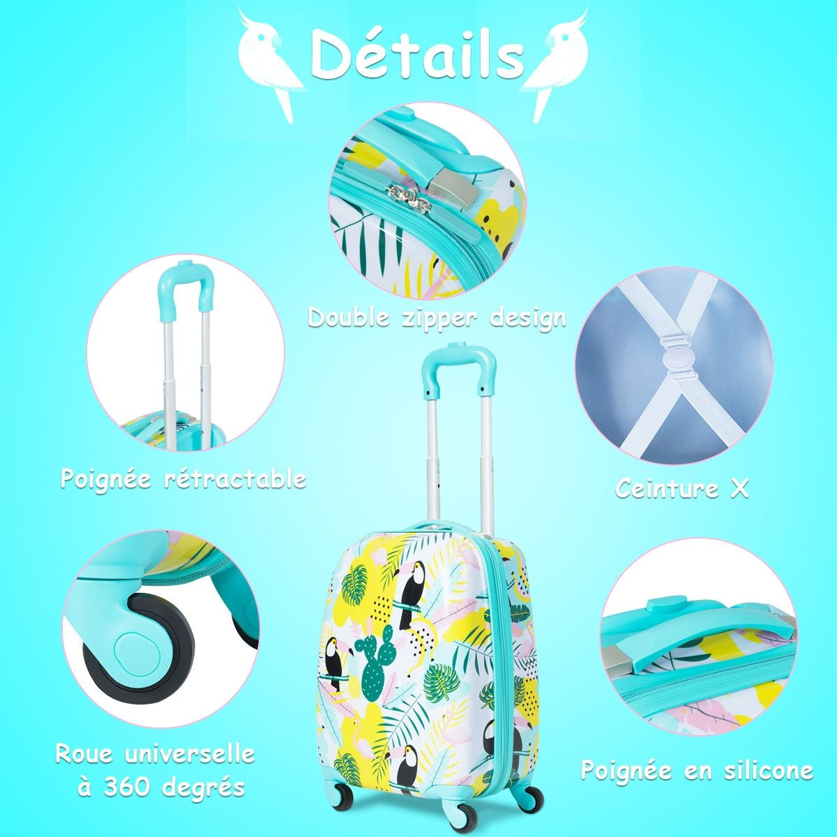 Valise 16’’ Et Sac À Dos 12’’ Pour Enfants Lot De 2 Bagages À Main Avec Roulettes En PC Et ABS Avec Motif Flamingo