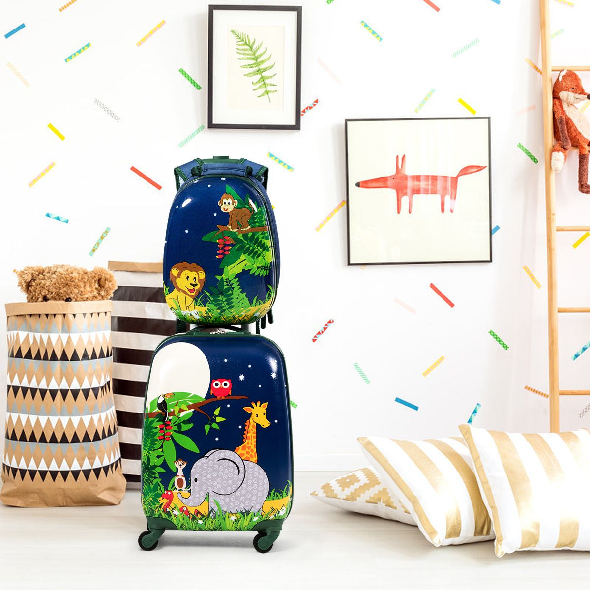 Valise Enfant+ Sac À Dos Bagage Trolley À Roulettes Pour Enfant Motif Animaux Idéal Pour Voyage Avec Enfant