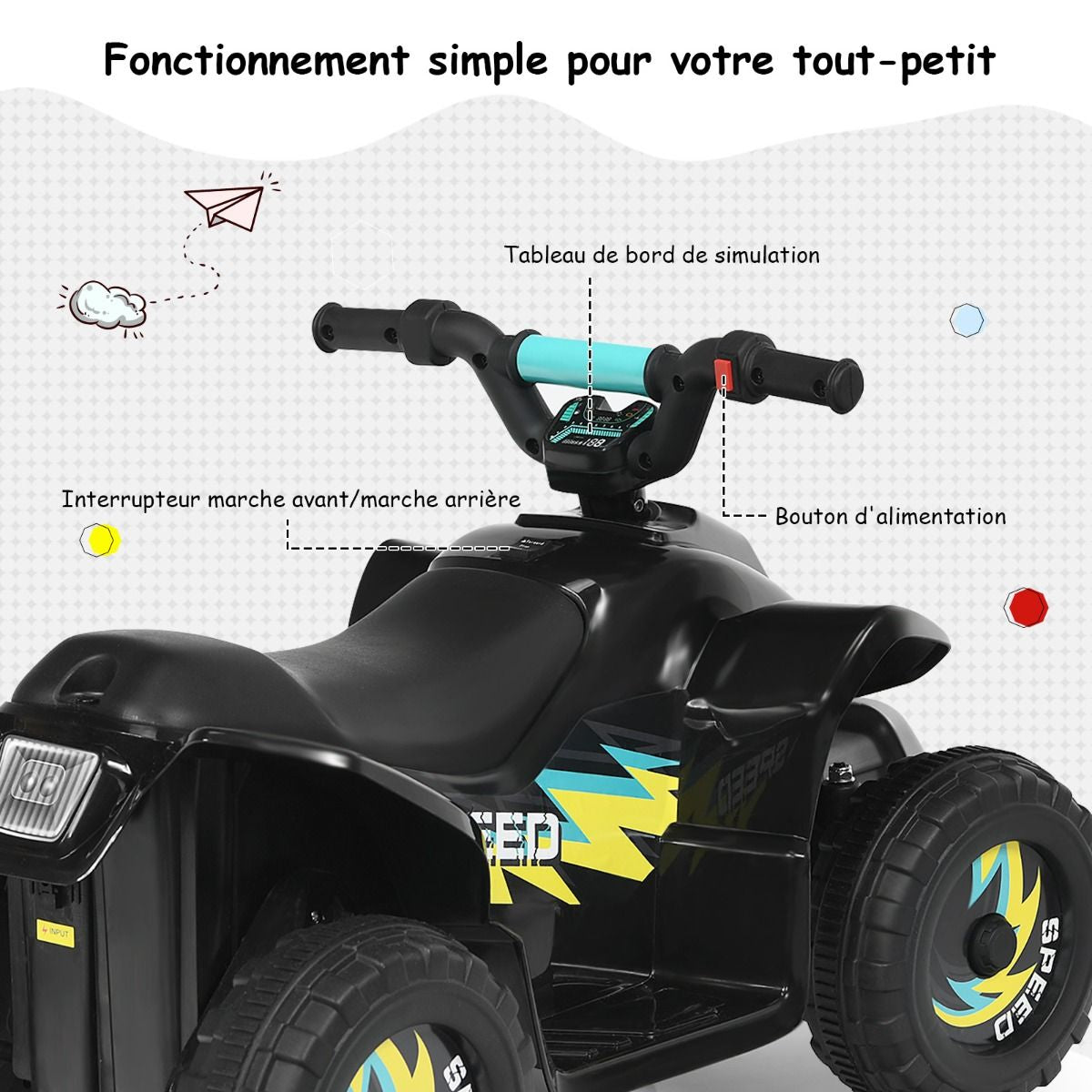 Quad Buggy Electrique Pour Enfant 6 V 4,5 Km-H MAX Voiture Pour Enfants De 3 Ans+ Noir
