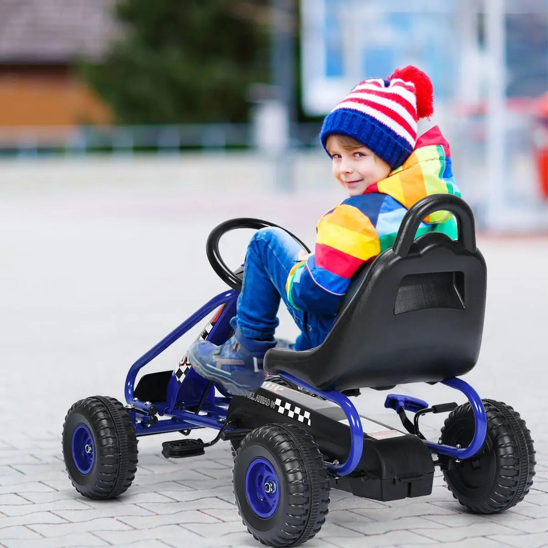 Pedal Kart Bicicleta Infantil e Assento Ajustável para Veículo com Freio de Mão 3-6 Anos Azul
