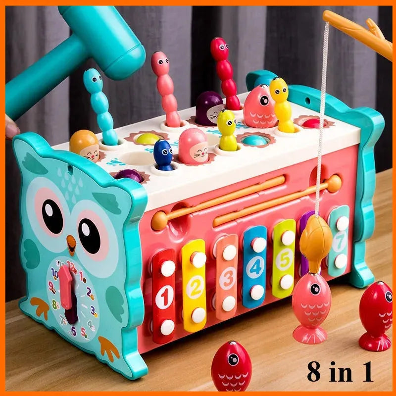 New Baby Montessori Toys Magnetic Fishing Owl Cube Learning Educational Clock Hammer Game with Music Puzzle for Kids Gift