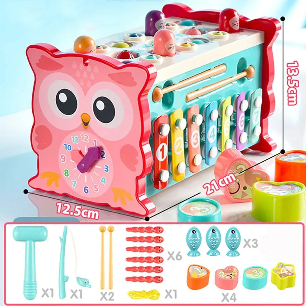 New Baby Montessori Toys Magnetic Fishing Owl Cube Learning Educational Clock Hammer Game with Music Puzzle for Kids Gift