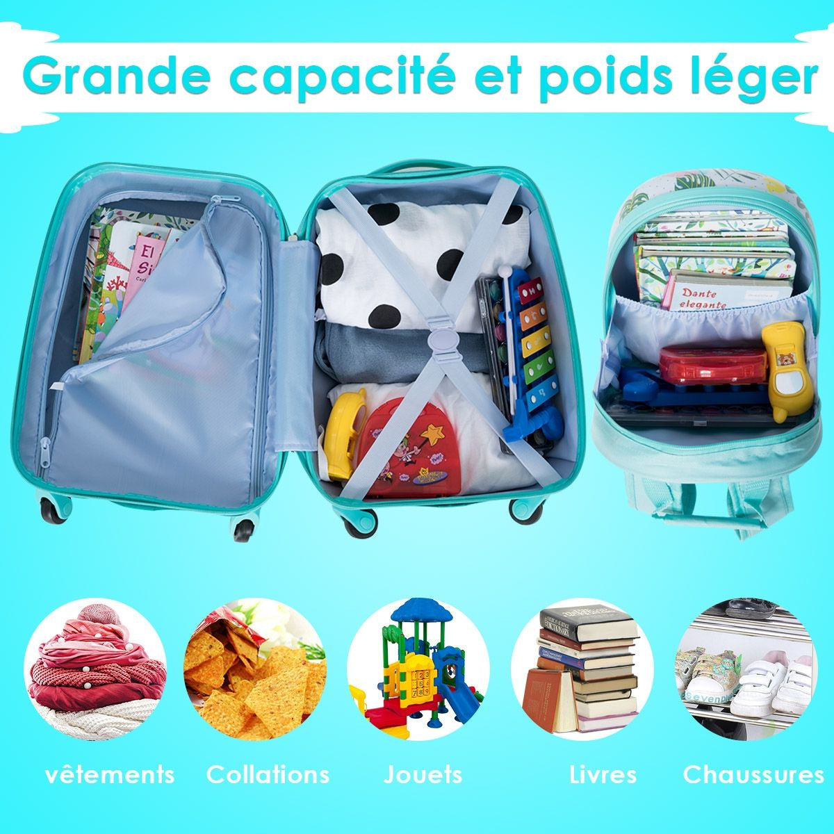 Valise 16’’ Et Sac À Dos 12’’ Pour Enfants Lot De 2 Bagages À Main Avec Roulettes En PC Et ABS Avec Motif Flamingo