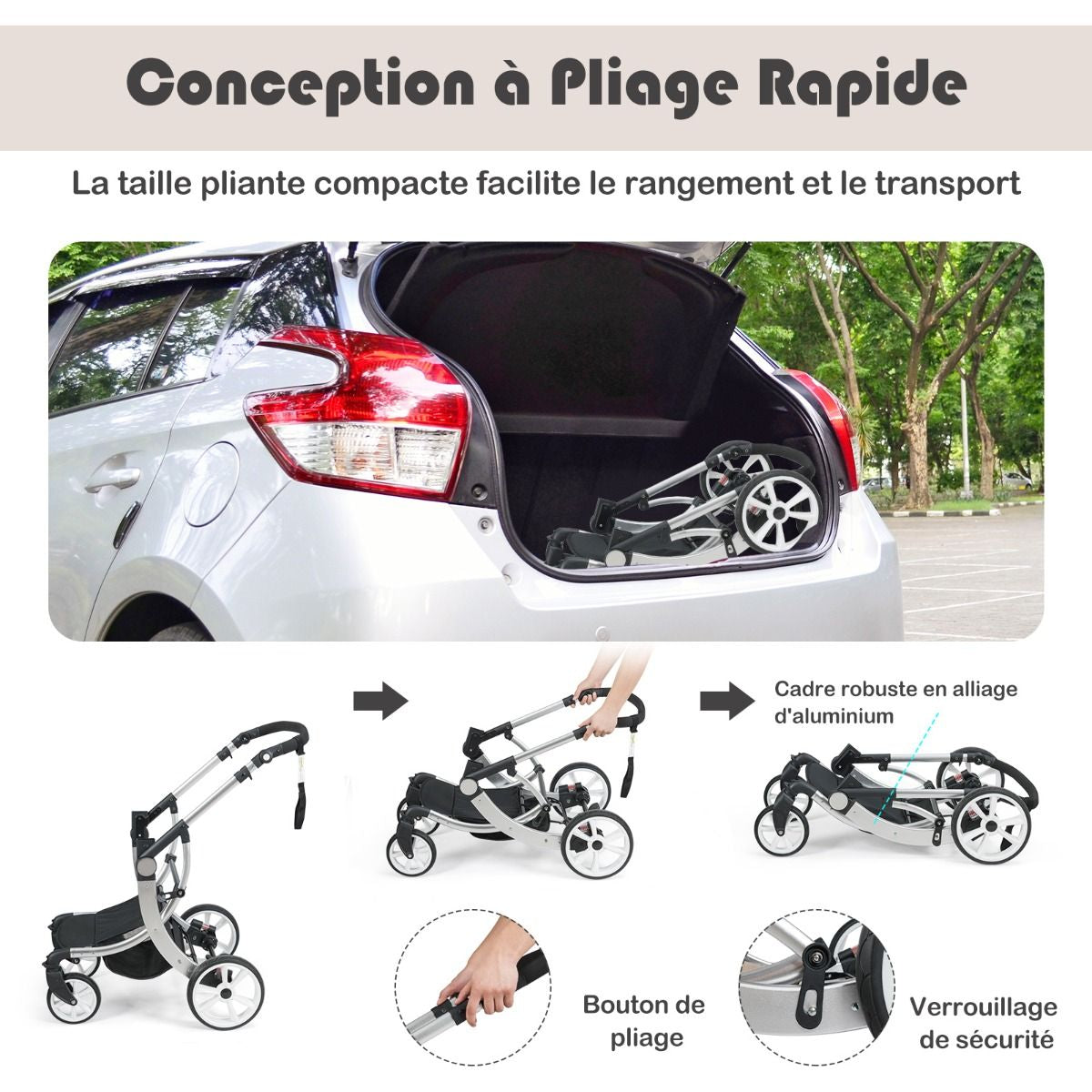 Poussette Haute Pour Bébé 2 En 1 Inclinable Réversible Auvent Réglable Couvre-Pieds Housse De Pluie Filet Fonctionnel Cadre En Alliage D&