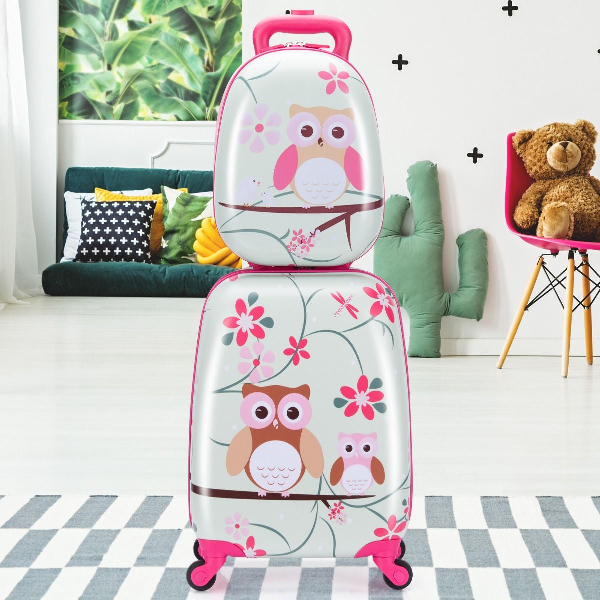 Valise Enfant+ Sac À Dos Bagage Trolley À Roulettes Pour Enfant Motif Hibou En ABS Robuste