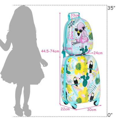 Valise 16’’ Et Sac À Dos 12’’ Pour Enfants Lot De 2 Bagages À Main Avec Roulettes En PC Et ABS Avec Motif Flamingo