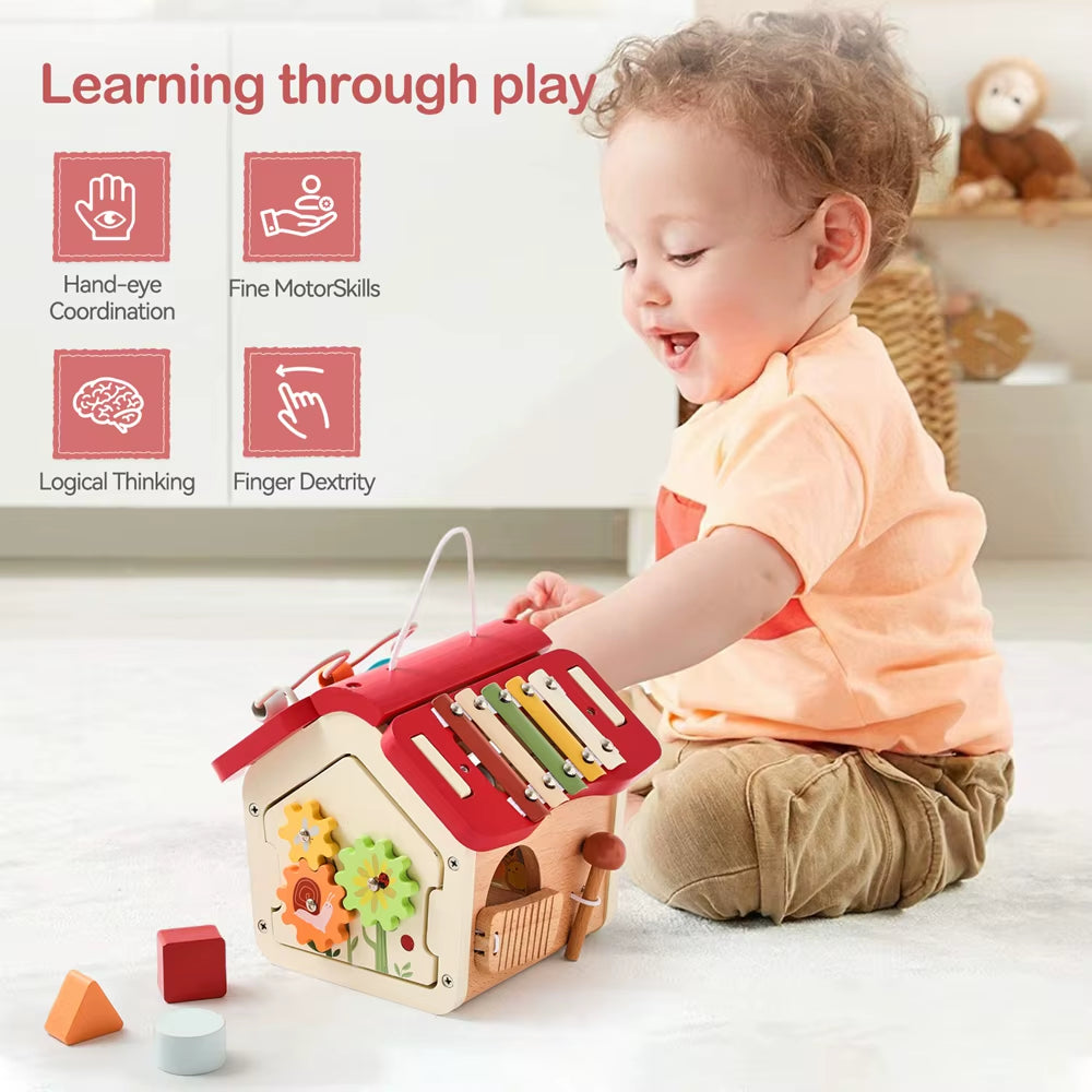 Montessori Children Toy Educational Wooden Baby Toys Creative Games Baby Wooden Blocks for 0 12 Months Cartoon House Busy Box