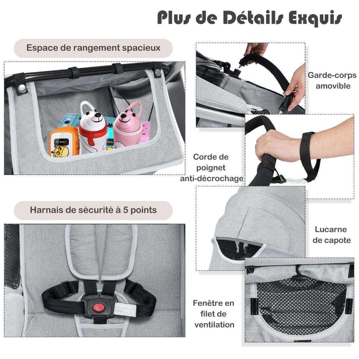 Poussette Haute Pour Bébé 2 En 1 Inclinable Réversible Auvent Réglable Couvre-Pieds Housse De Pluie Filet Fonctionnel Cadre En Alliage D&