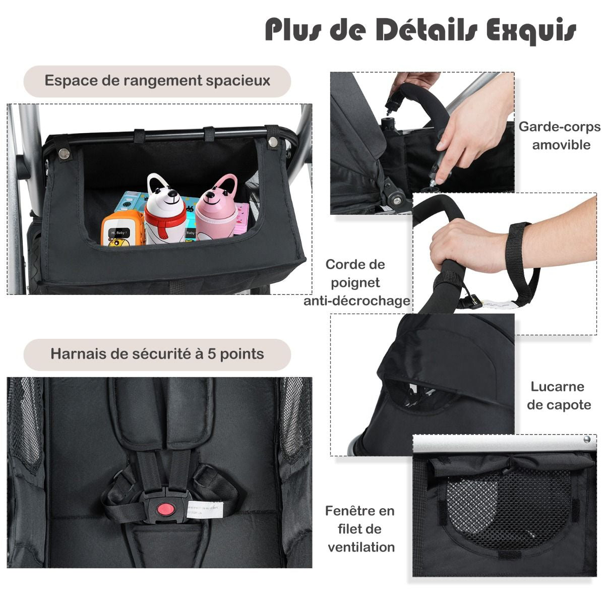 Poussette Haute Pour Bébé 2 En 1 Inclinable Réversible Auvent Réglable Couvre-Pieds Housse De Pluie Filet Fonctionnel Cadre En Alliage D&