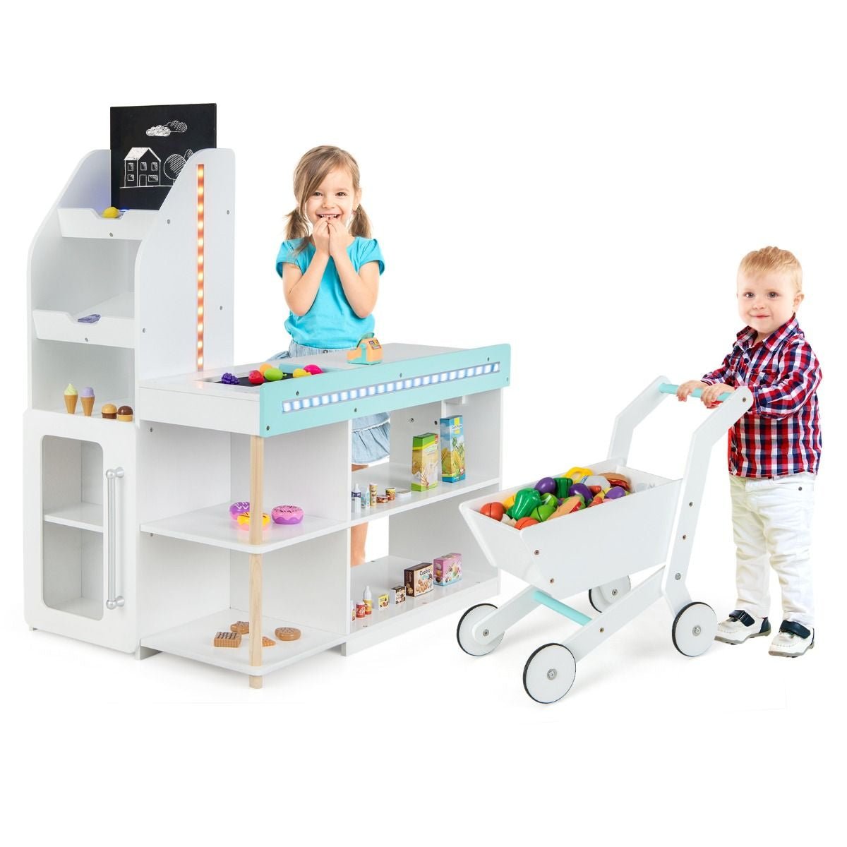 Ensemble De Jeu De Supermarché En Bois Pour Enfants Epicerie De Jeu Avec Caisse Enregistreuse Chariot Tableau Noir Avec Lumières LED Blanc - Les tout petits d&