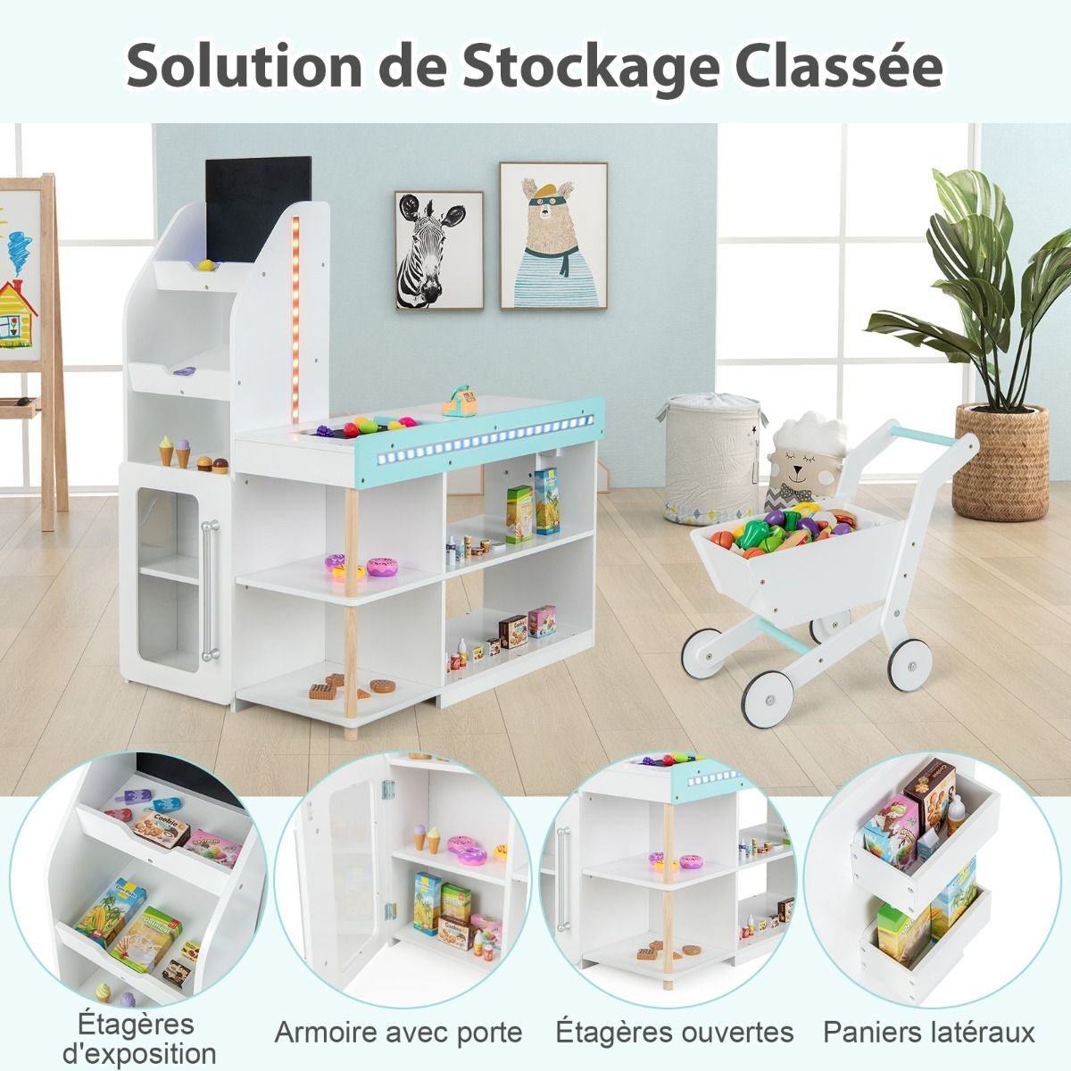 Ensemble De Jeu De Supermarché En Bois Pour Enfants Epicerie De Jeu Avec Caisse Enregistreuse Chariot Tableau Noir Avec Lumières LED Blanc - Les tout petits d&