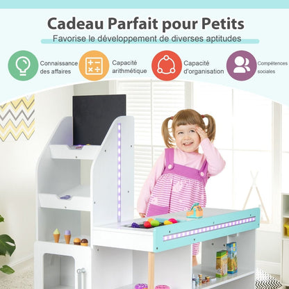 Ensemble De Jeu De Supermarché En Bois Pour Enfants Epicerie De Jeu Avec Caisse Enregistreuse Chariot Tableau Noir Avec Lumières LED Blanc - Les tout petits d&