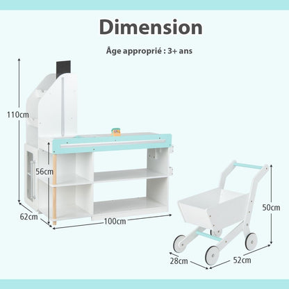 Ensemble De Jeu De Supermarché En Bois Pour Enfants Epicerie De Jeu Avec Caisse Enregistreuse Chariot Tableau Noir Avec Lumières LED Blanc - Les tout petits d&