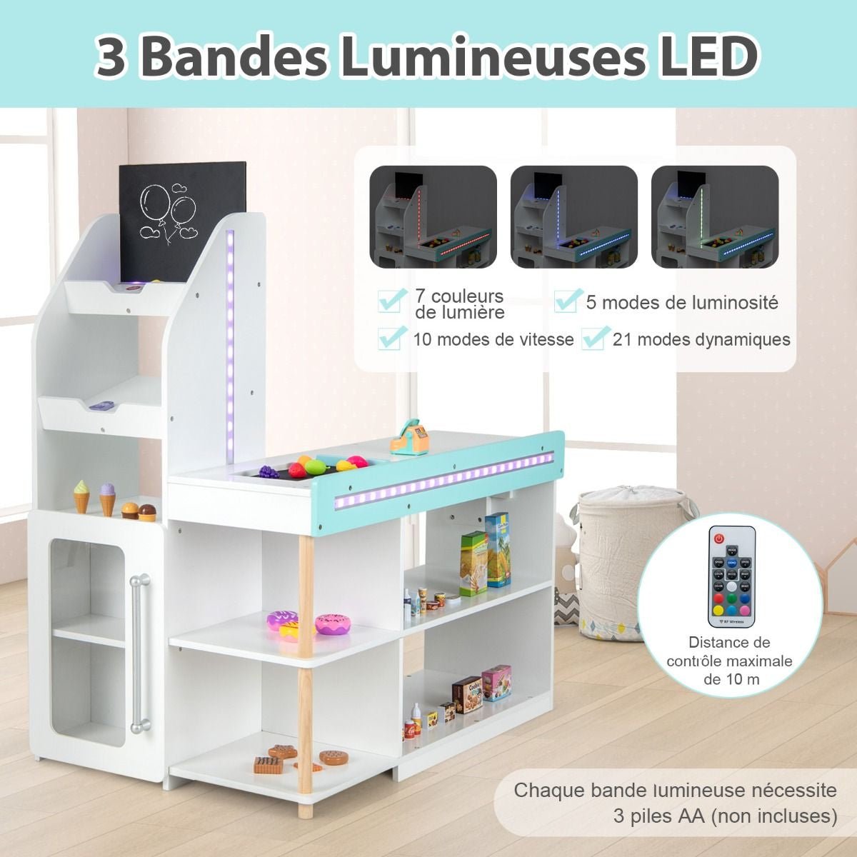 Ensemble De Jeu De Supermarché En Bois Pour Enfants Epicerie De Jeu Avec Caisse Enregistreuse Chariot Tableau Noir Avec Lumières LED Blanc - Les tout petits d&