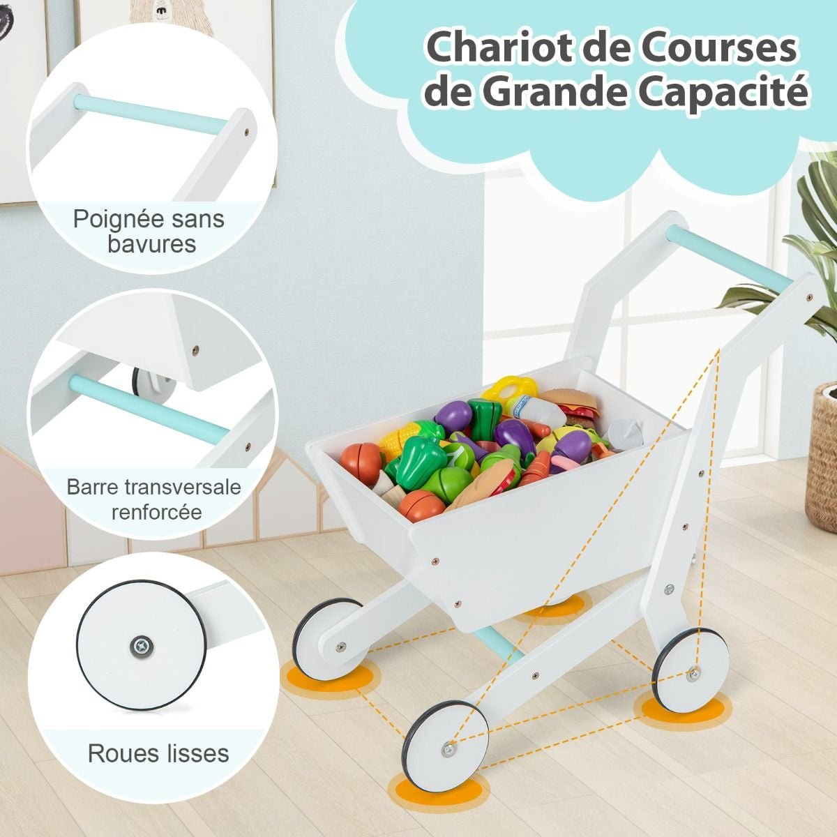 Ensemble De Jeu De Supermarché En Bois Pour Enfants Epicerie De Jeu Avec Caisse Enregistreuse Chariot Tableau Noir Avec Lumières LED Blanc - Les tout petits d&