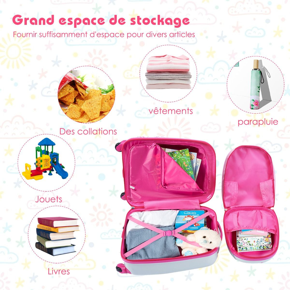 Valise Enfant+ Sac À Dos Bagage Trolley À Roulettes Pour Enfant Motif Hibou En ABS Robuste