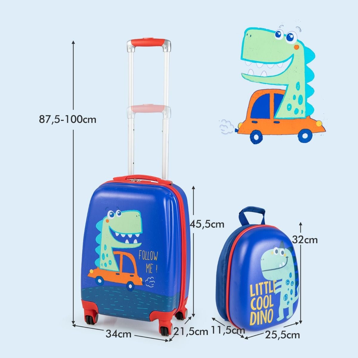 Lot De 2 Valise Cabine Enfant + Sac À Dos Bagages Enfant Pour Garçons Filles Avec Poignée Rétractable 88 - 100Cm Valise Dinosaure En ABS - Les tout petits d&